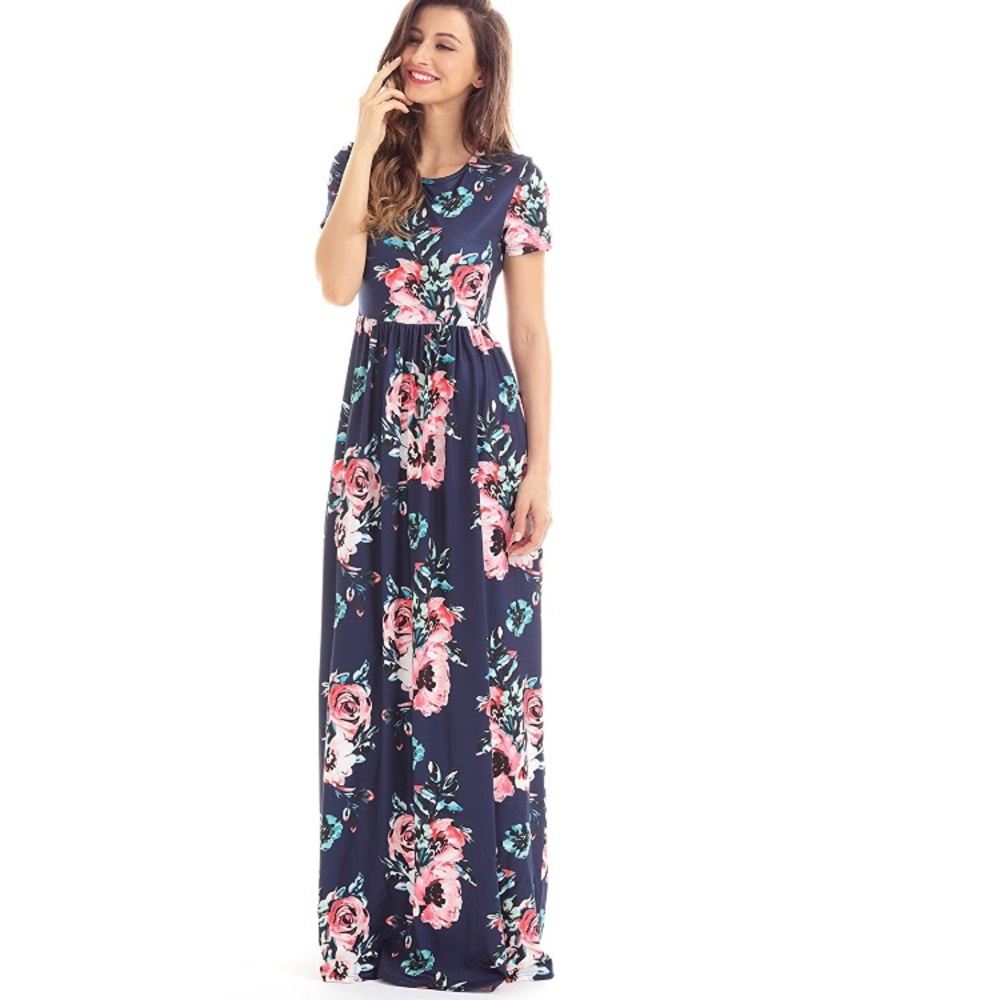 Floral Print O Neck Short Sleeve Maxi Casual Dress